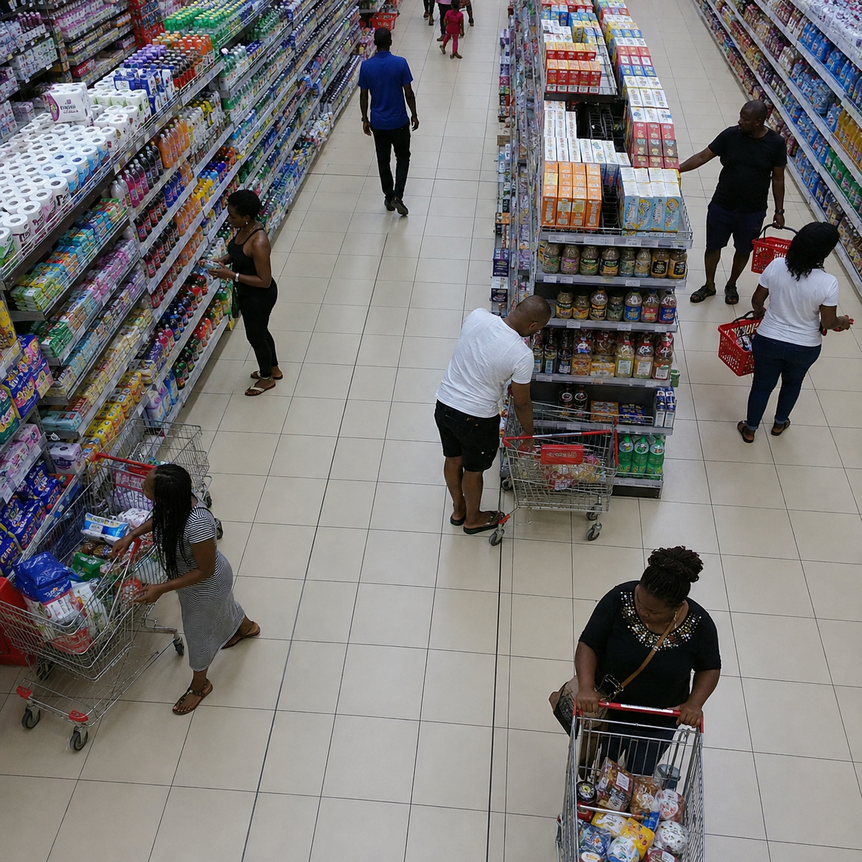 Rayons d'un supermarché à Abidjan filmés en hauteur par une caméra de surveillance