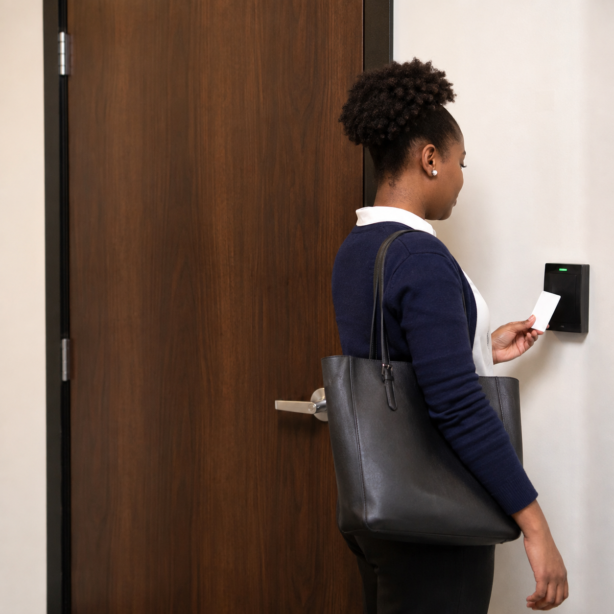 Employée présentant son badge devant un lecteur de contrôle d'accès de bureau