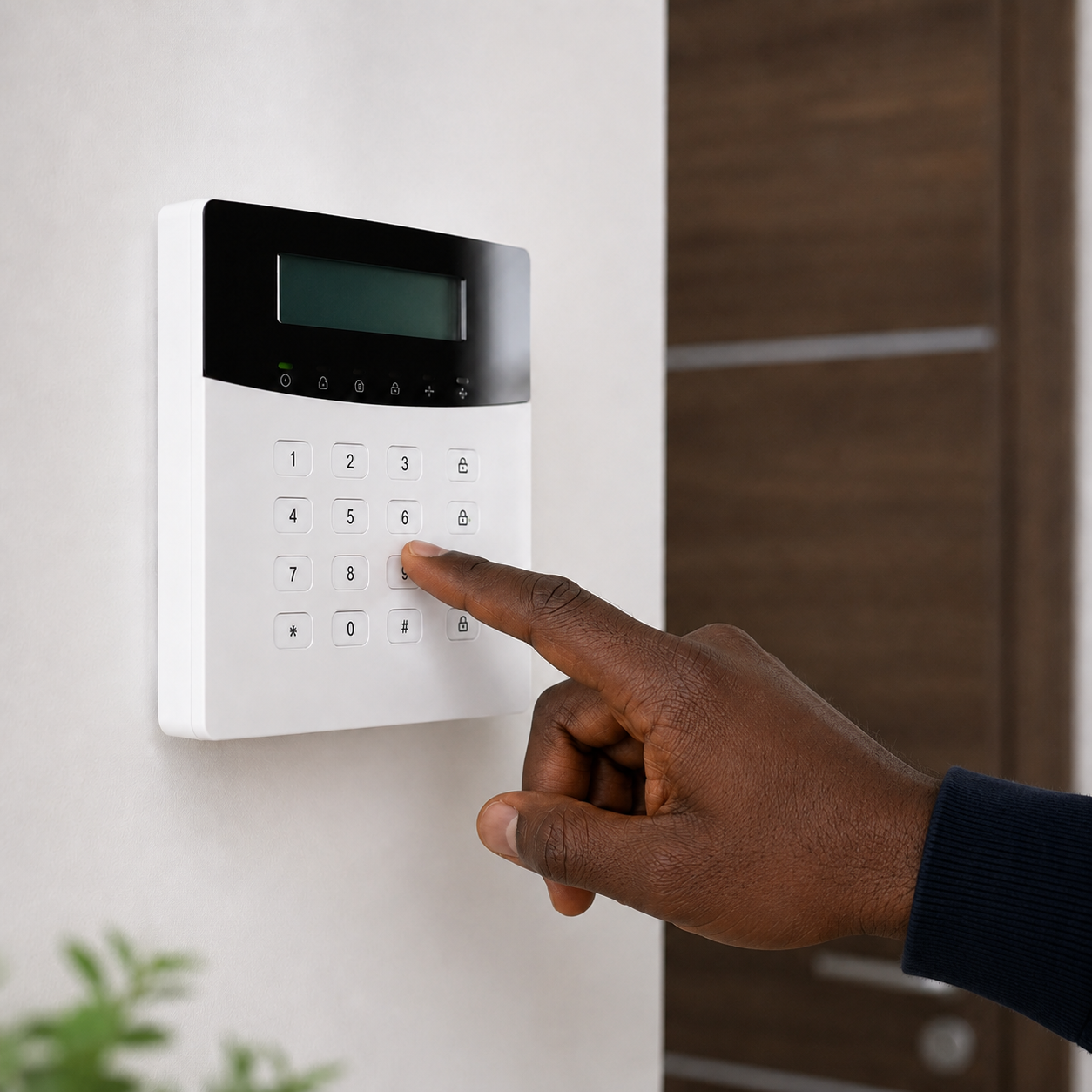 Clavier d'alarme anti-intrusion installé près d'une porte d'entrée