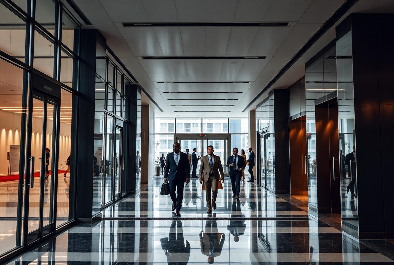 Hall d'entrée d'un immeuble professionnel équipé pour le contrôle des passages